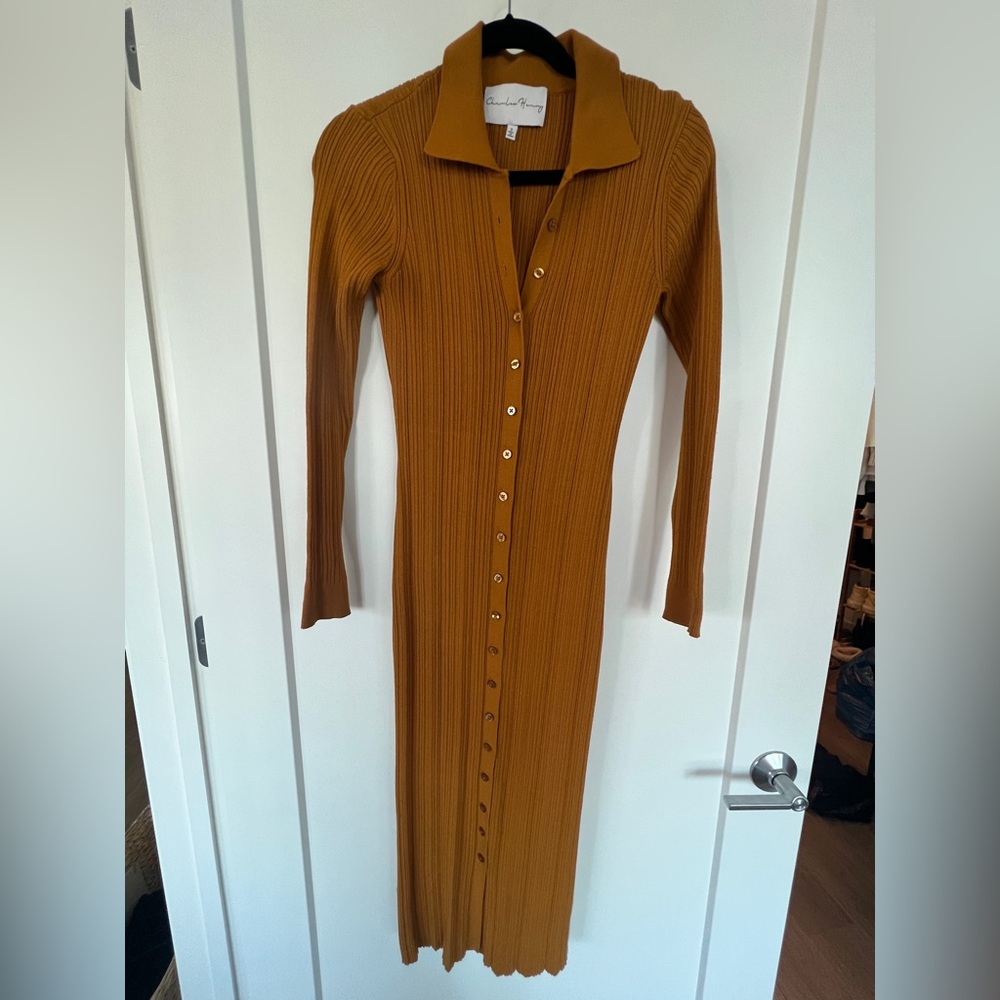 Charles Henry Mustard Long Sleeve Ribbed Dress